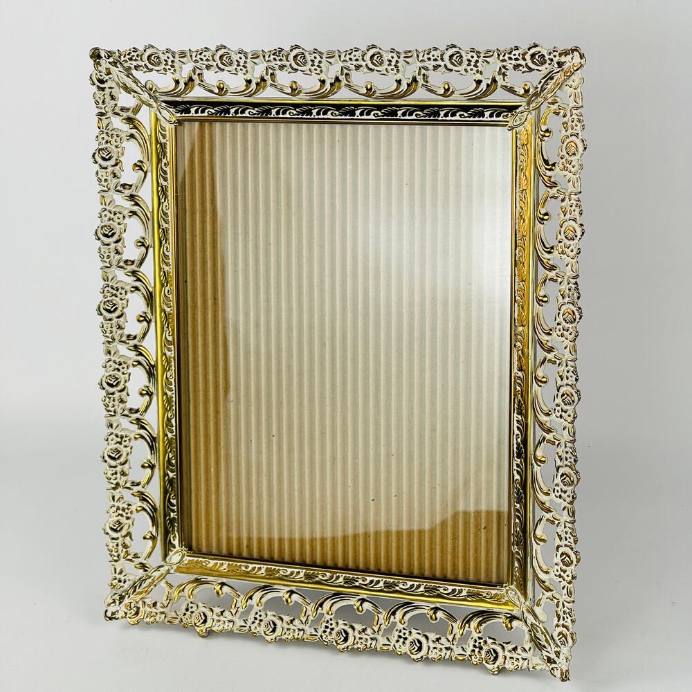 Gold White Metal Filagree Picture Frame 8 x 10; Frame 12 1/4 x 10 1/4
